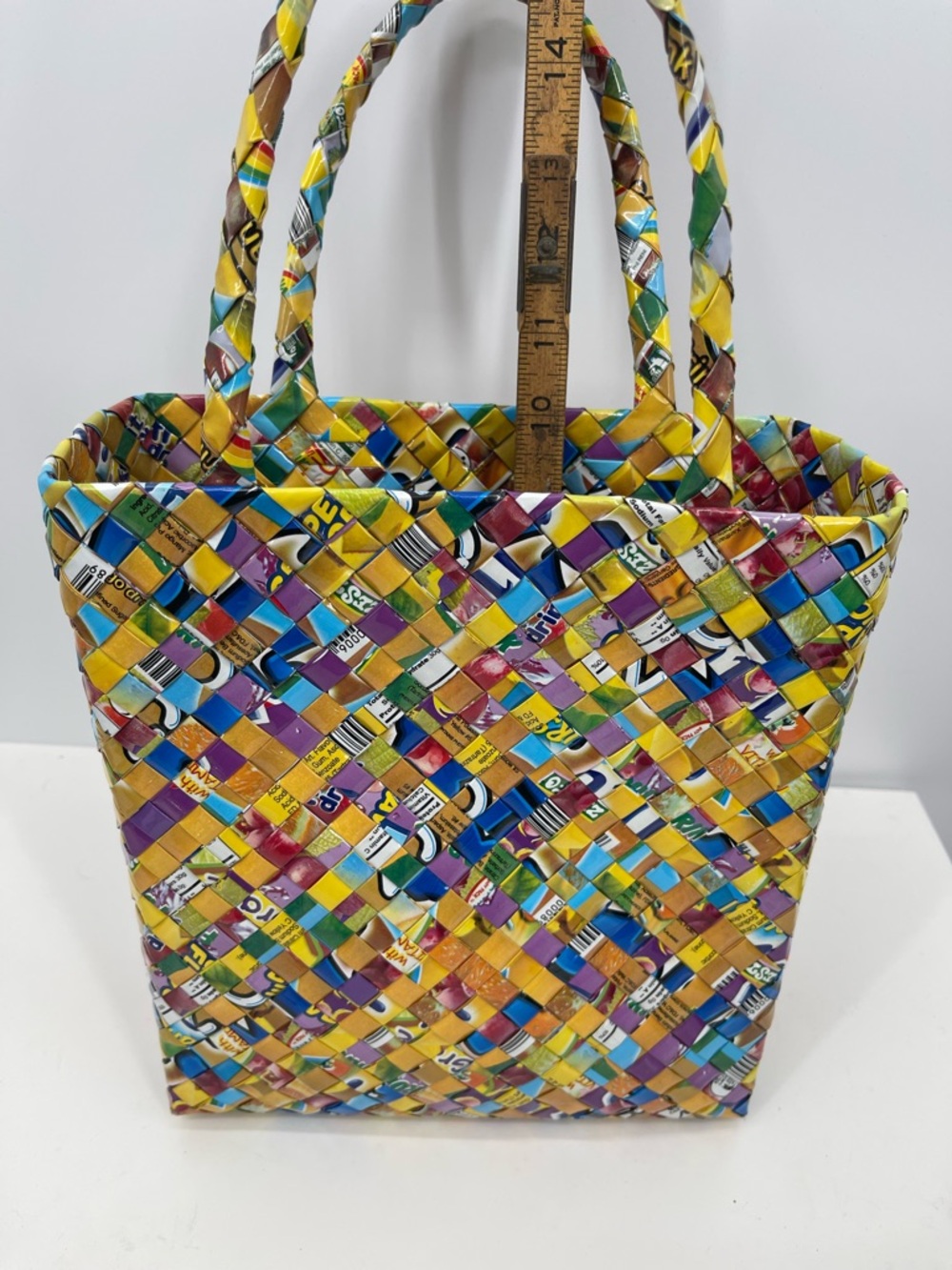 Hand Crafted Multicolor Candy Wrapper Woven Tote Bag - Picture 12 of 12